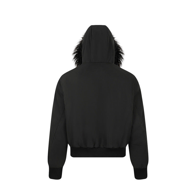 Women short-cut padded bomber jacket with faux fur hood and applied label patches Fashion Glam