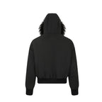 Women short-cut padded bomber jacket with faux fur hood and applied label patches Fashion Glam