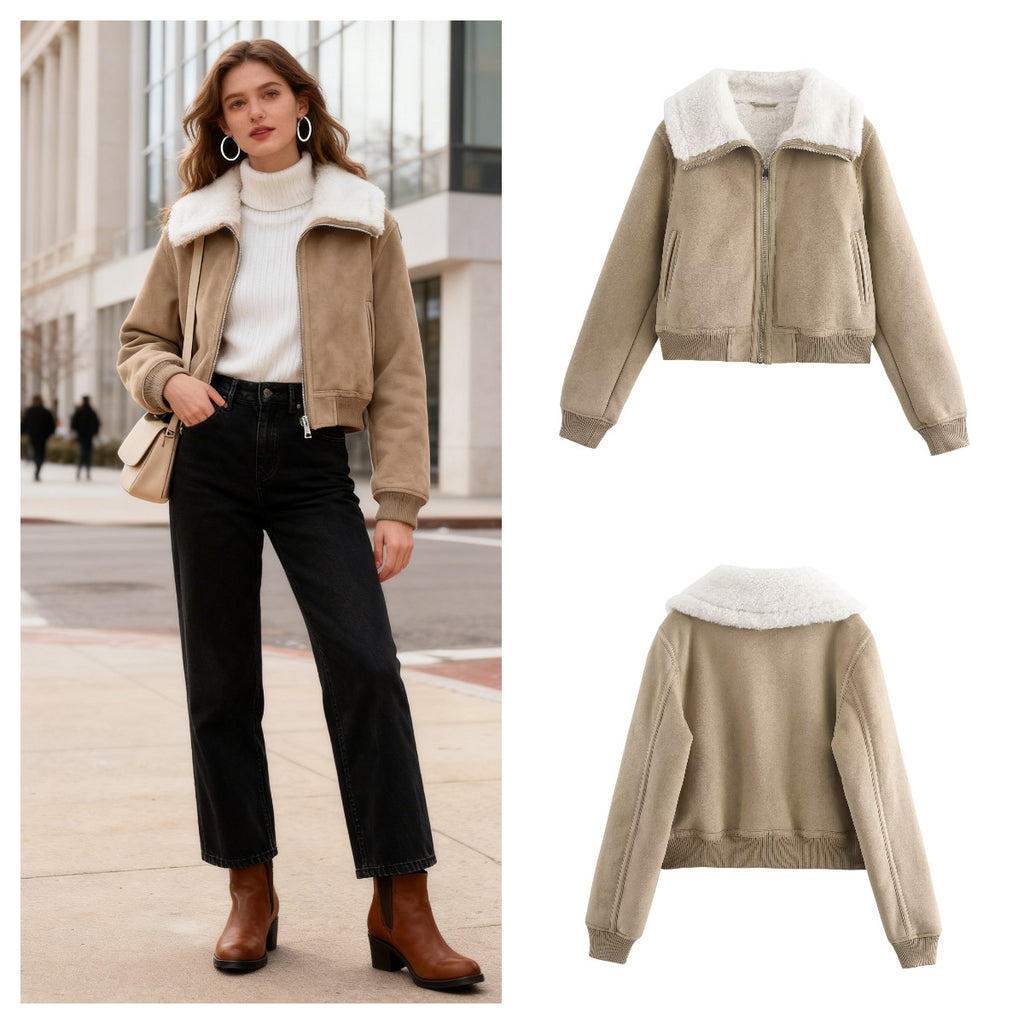 Women's short-cut faux suede bomber jacket with teddy lining, zip and ribbed cuffs Fashion Glam