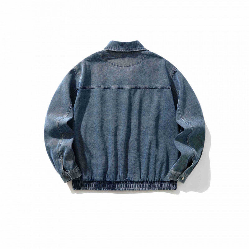 Men's Oversized Denim Jacket with Elastic Hem and Concealed Snap Button Placket Fashion Glam