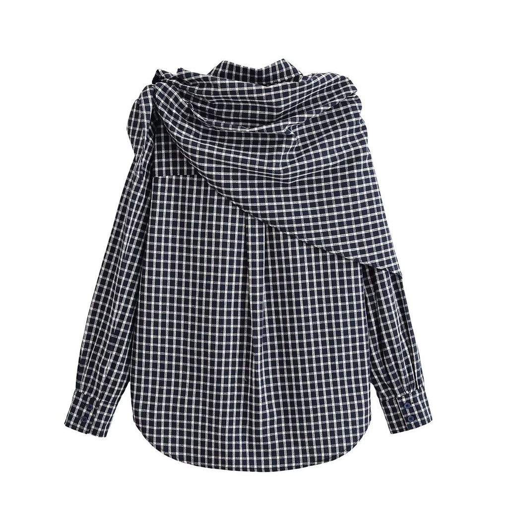 Women Asymmetrical Check Blouse with Integrated Scarf and Button Placket Fashion Glam