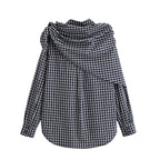 Women Asymmetrical Check Blouse with Integrated Scarf and Button Placket Fashion Glam