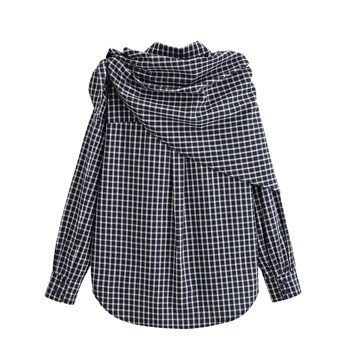 Women Asymmetrical Check Blouse with Integrated Scarf and Button Placket Fashion Glam