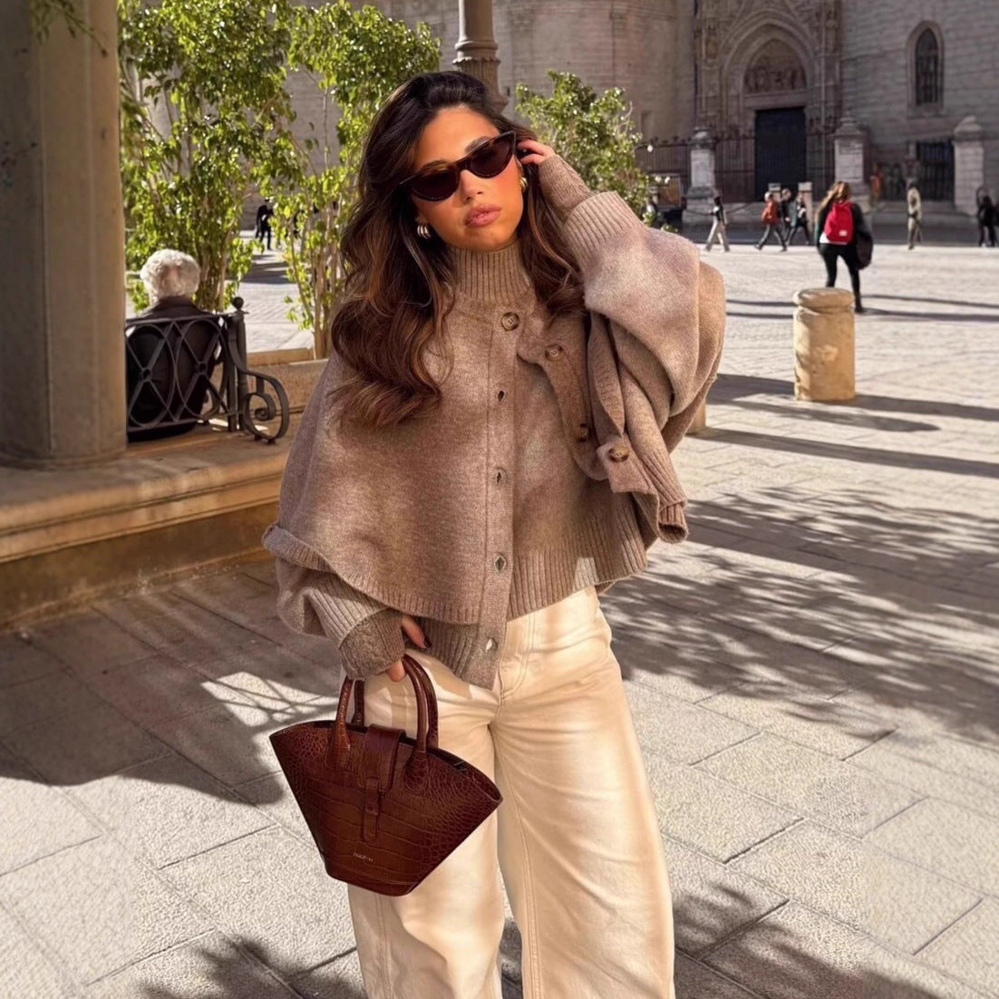 Women Cape Cardigan with Button Placket and Two-Layer Cape Fashion Glam