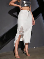 Women's asymmetrical midi denim skirt with fringe and destroy effect Fashion Glam