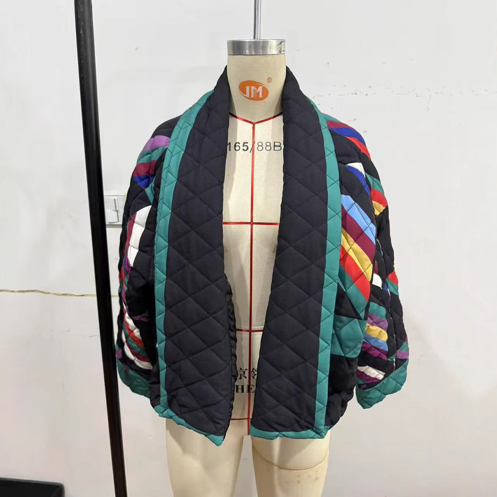 Women's padded kimono quilted jacket with patchwork design and wide sleeves Fashion Glam