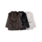 Ladies short coat made of high-pile faux fur with a large shawl collar and decorative belt Fashion Glam
