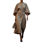 Ladies Elegant Midi Dress with Wide Kimono Sleeves and Fitted Wrap Waist Fashion Glam