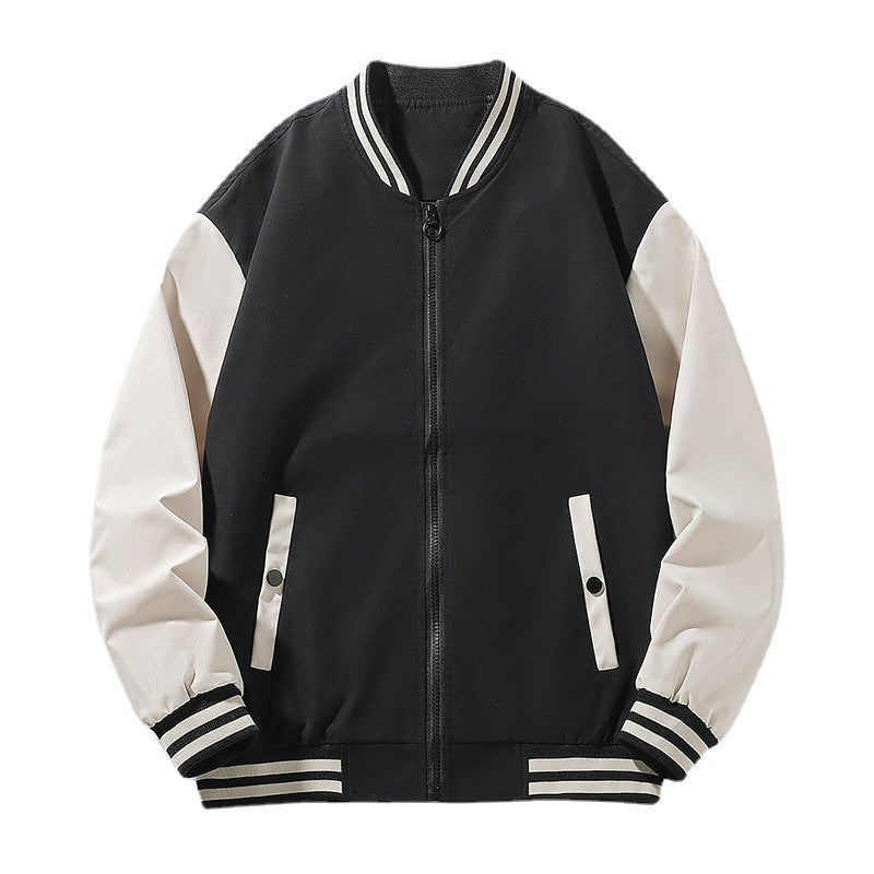 Men's lightweight college bomber jacket with contrasting striped ribbed collar and full zip Fashion Glam