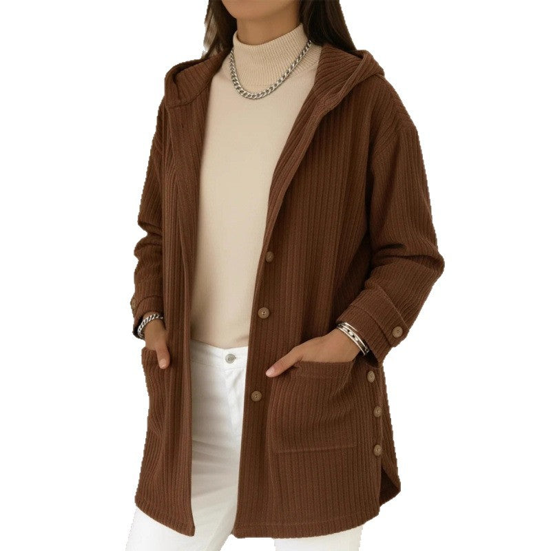 Women's Long Hooded Knitted Cardigan with Ribbed Texture, Button Placket and Side Pockets Fashion Glam