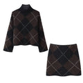 Women's Knit Set made of Turtle Neck Poncho and Mini Skirt with Argyle Pattern Fashion Glam