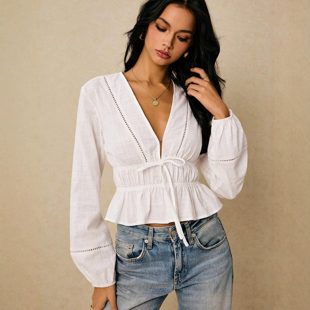 Women Deep Cut Blouse with Drawstring Waist, Ruffled Hem and Decorative Hole Embroidery Fashion Glam