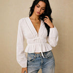Women Deep Cut Blouse with Drawstring Waist, Ruffled Hem and Decorative Hole Embroidery Fashion Glam