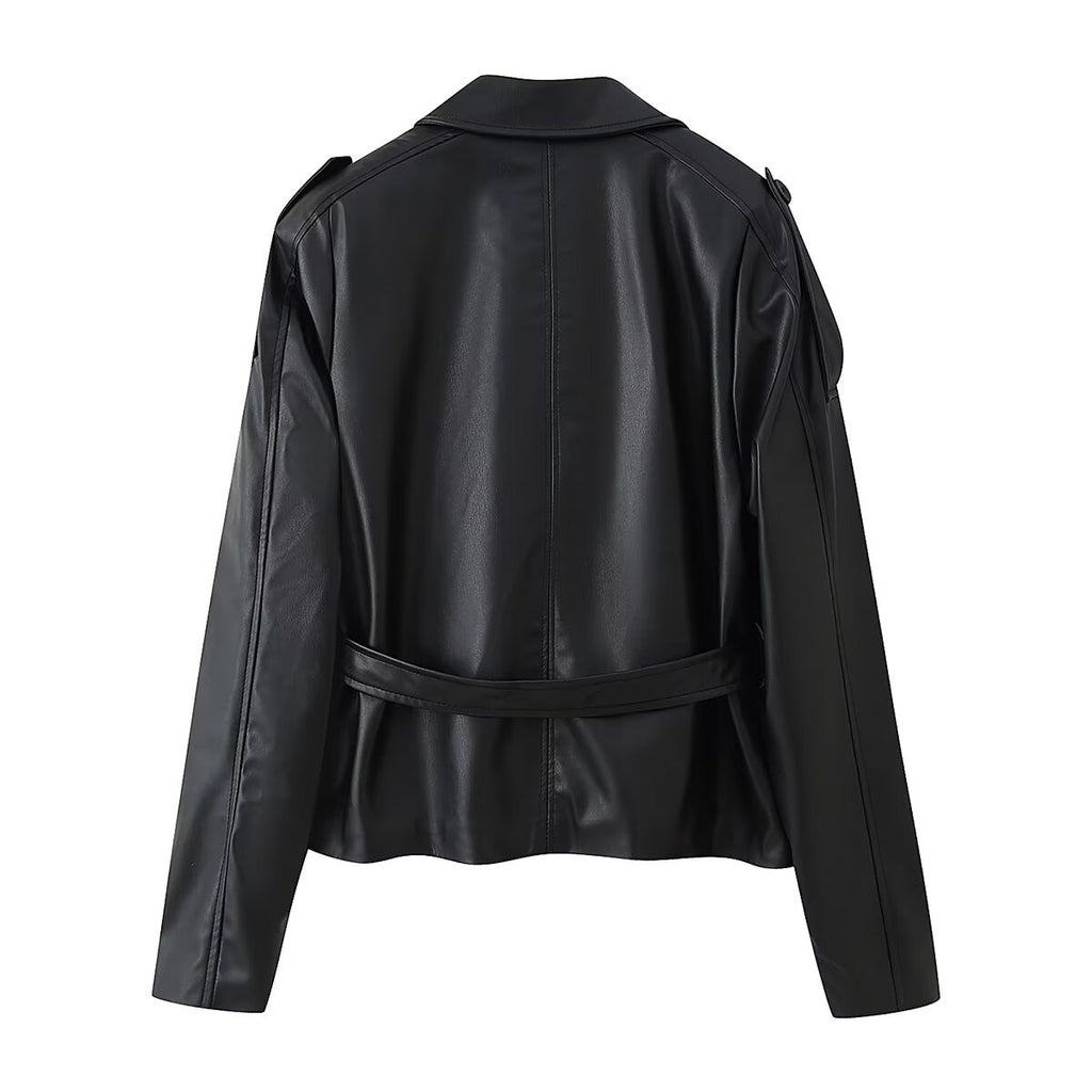 Women's Short Tailored Faux Leather Jacket with Ties and Shirt Collar Fashion Glam