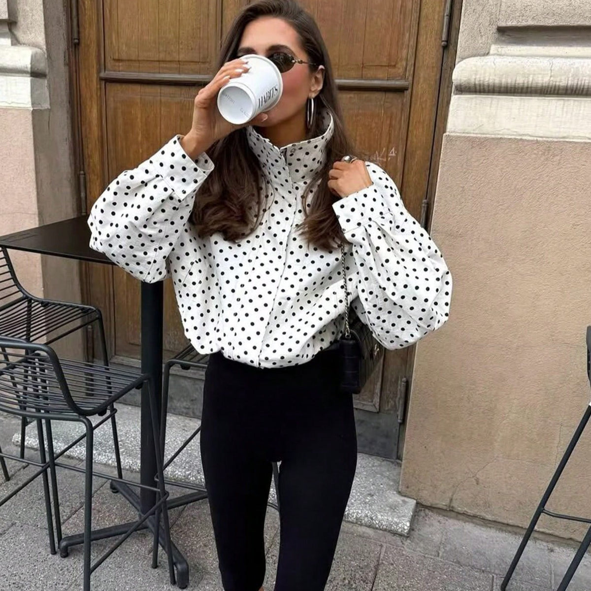 Women Polka Dot Blouse with Stand-up Collar and Balloon Sleeves Fashion Glam