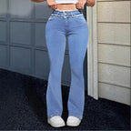 Women's High-Waisted Flared Jeans with Frayed Waistband and Center Stitch Fashion Glam