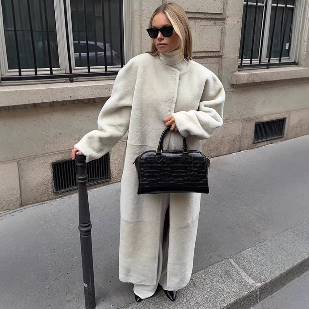 Women's Cozy Longline Teddy Coat with Clean-Cut Silhouette and Hidden Snap Placket Fashion Glam
