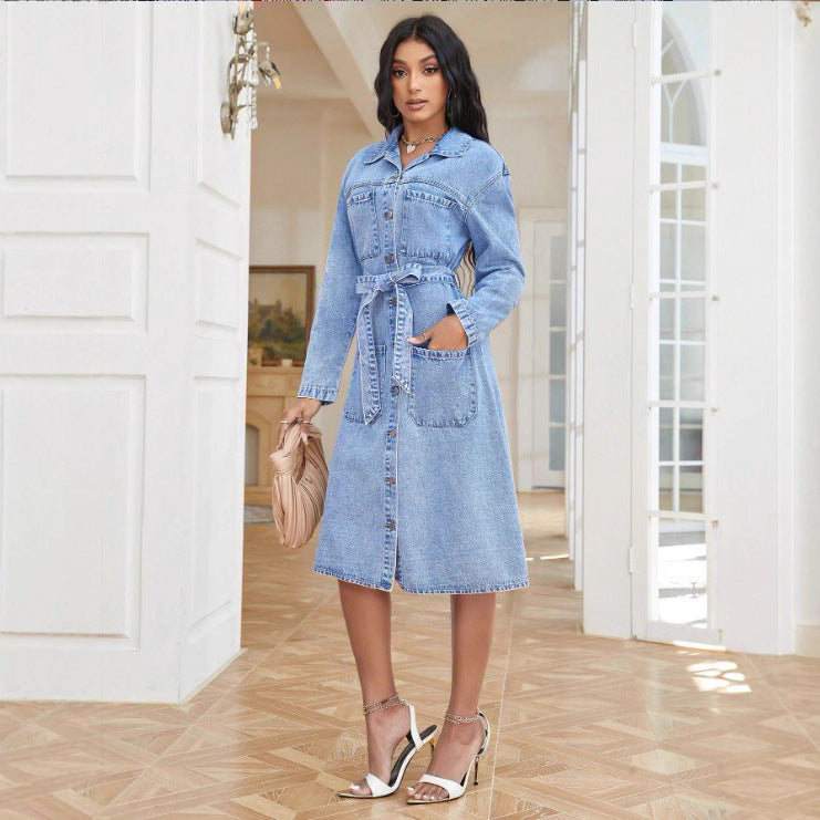 Ladies' midi dress made of denim with a waist belt and continuous button placket Fashion Glam