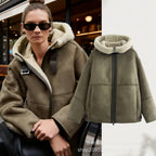Women's Hooded Lambskin Imitation Bomber Jacket with Teddy Lining and Zip Fashion Glam