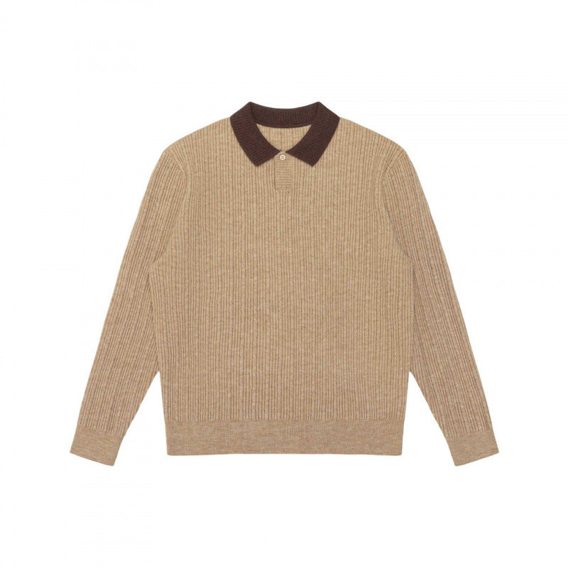 Men's Long-Sleeved Polo Sweater made of fine rib knit with contrasting collar Fashion Glam