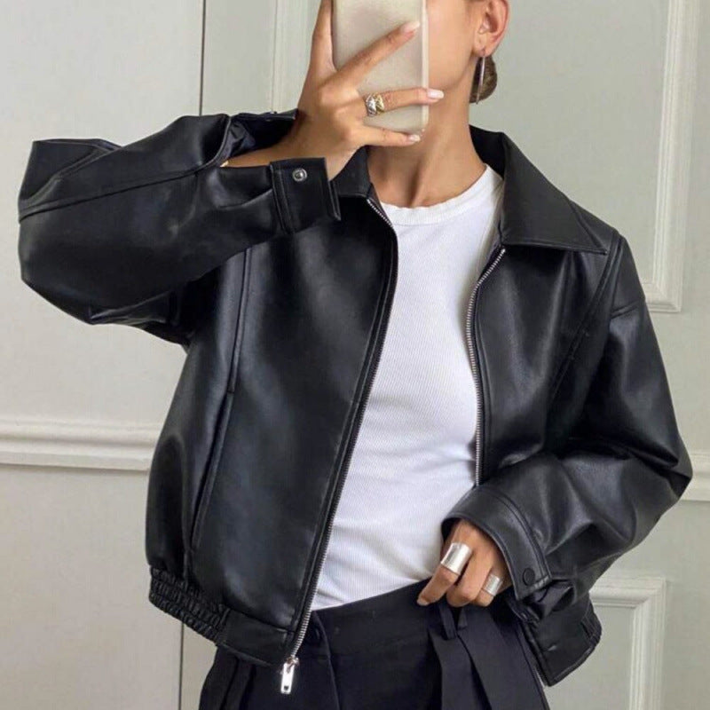 Women's Oversized Leather Jacket in Bomber Style with Elastic Hem Fashion Glam