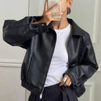 Women's Oversized Leather Jacket in Bomber Style with Elastic Hem Fashion Glam