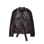 Women Cropped Safari Jacket made of vegan leather with tying belt and epaulettes Fashion Glam