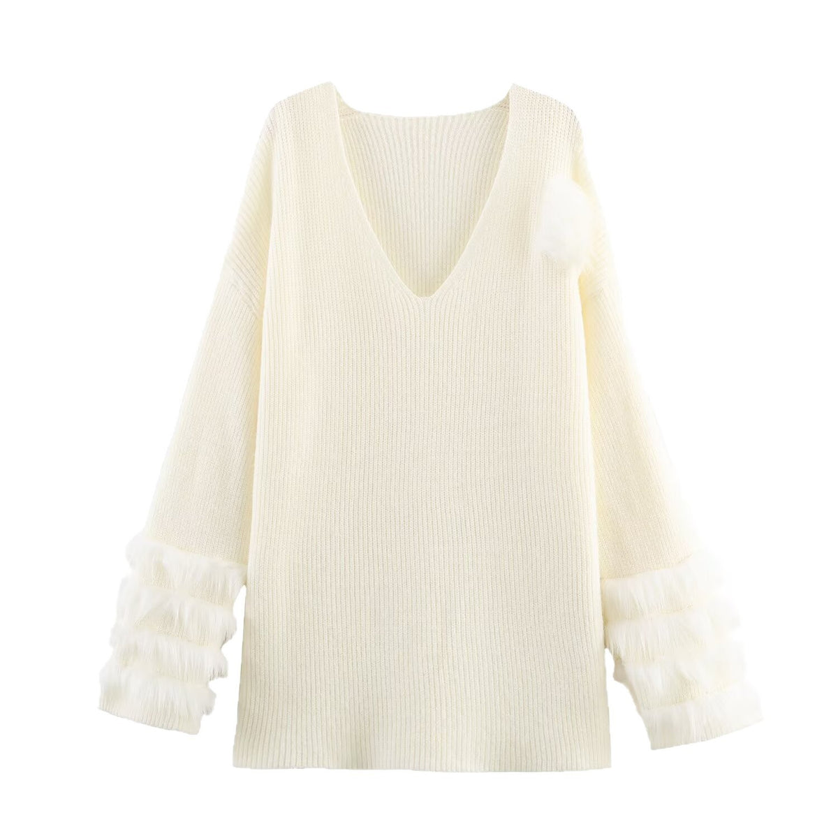 Ladies fine knit mini dress with deep V-neckline and layered faux fur sleeves Fashion Glam