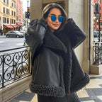 Ladies Oversize Bomber Jacket made of faux leather with voluminous teddy lining and adjustable collar Fashion Glam