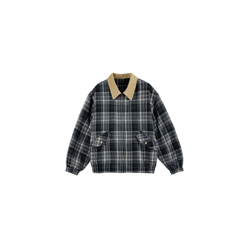 Unisex Checkered Boxy Over Shirt Jacket with Corduroy Collar, Concealed Zipper and Patch Flap Pockets Fashion Glam