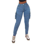 Women's high-waisted cargo slim jeans with side flap pockets and tapered leg Fashion Glam