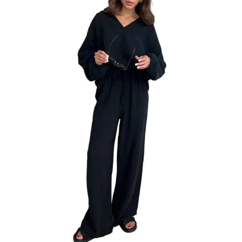 Women's Lightweight Crinkle Lounge Set with V-Neck and Wide High-Waist Pants Fashion Glam
