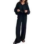 Women's Lightweight Crinkle Lounge Set with V-Neck and Wide High-Waist Pants Fashion Glam