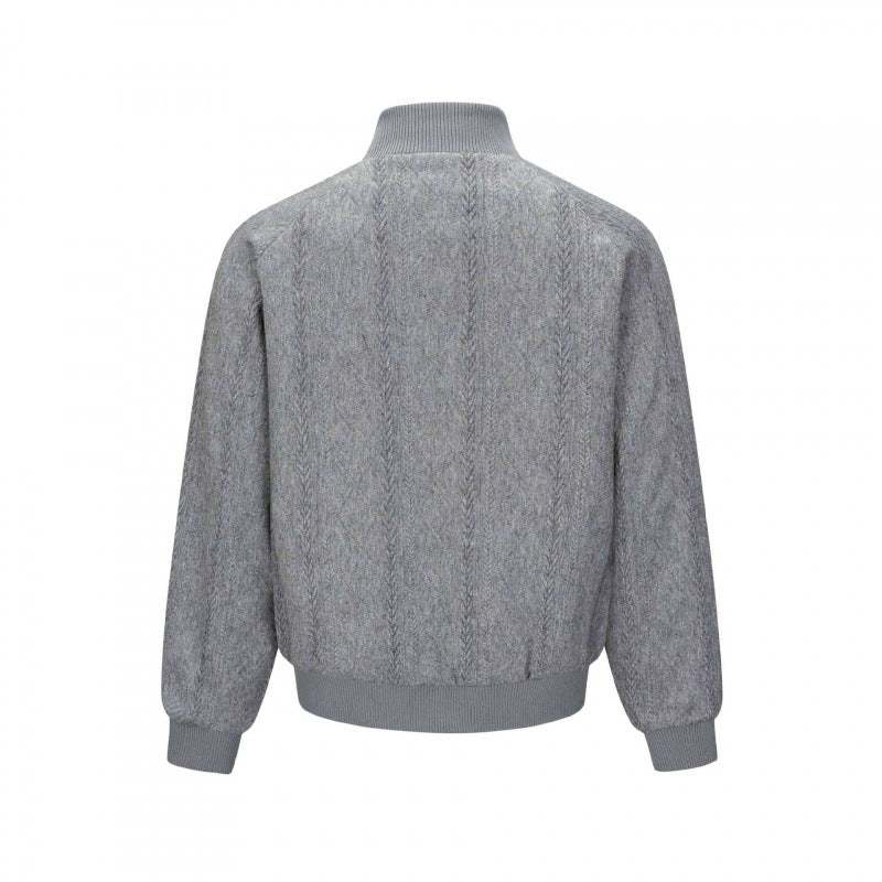 Men's knit bomber-style zip jacket with cable pattern and stand-up collar Fashion Glam