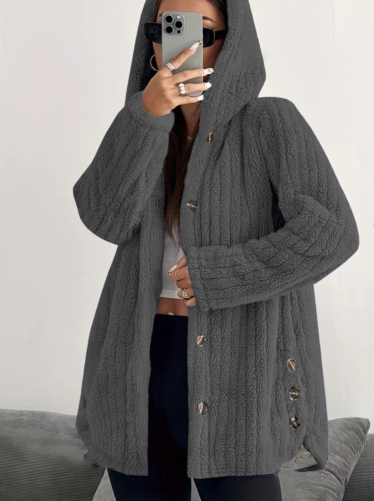 Women's Hooded Teddy Coat with Button Placket and Oversized Fit Fashion Glam