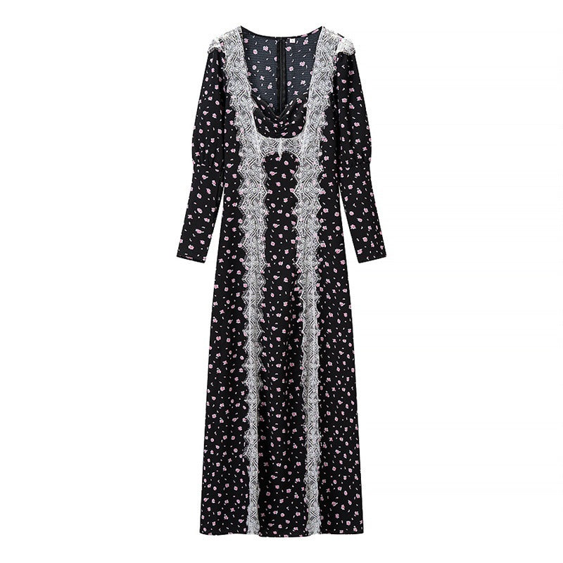 Women's Long Sleeve Maxi Dress with Lace Trimmings, Deep V-Neck and Floral All-Over Print Fashion Glam