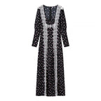 Women's Long Sleeve Maxi Dress with Lace Trimmings, Deep V-Neck and Floral All-Over Print Fashion Glam