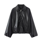 Women Oversize Faux Leather Blouson with Zipper and Elastic Hem Fashion Glam