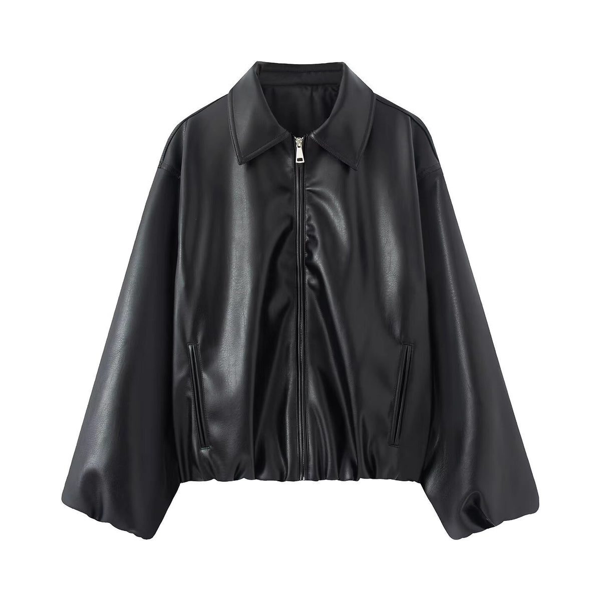 Women Oversize Faux Leather Blouson with Zipper and Elastic Hem Fashion Glam