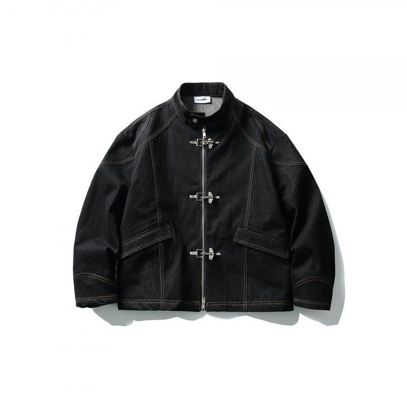 Men's Short Canvas Jacket with Distinctive Metal Toggle Fasteners and Contrast Seams Fashion Glam
