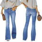 Ladies high-waisted flare jeans with decorative button placket and sculpting fit Fashion Glam