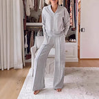 Ladies two-piece lounge set made of soft jersey with V-neck and wide palazzo pants cut Fashion Glam
