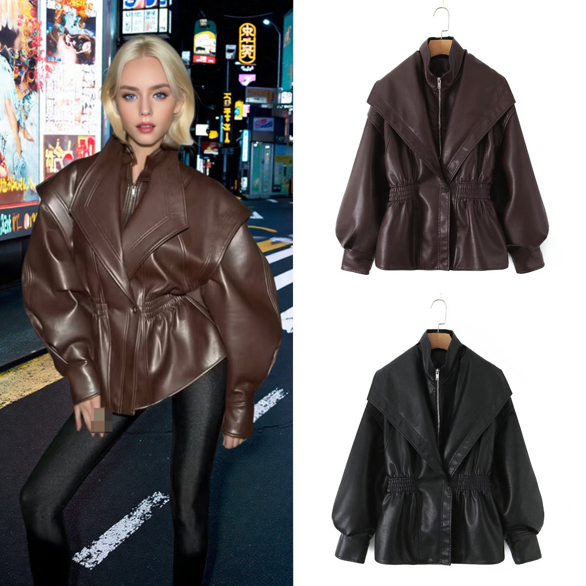 Women's faux leather jacket with XXL shawl collar, waist elastic and balloon sleeves Fashion Glam