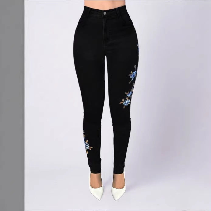 Women High-Waisted Sculpting Skinny Jeans with Side Floral Embroidery Fashion Glam