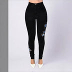 Women High-Waisted Sculpting Skinny Jeans with Side Floral Embroidery Fashion Glam