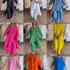 Women's Midi-Length Linen Tunic Set with Asymmetric Hem and Wide Palazzo Pants Fashion Glam