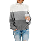 Women chunky knit sweater with stand-up collar, block stripes and oversized fit Fashion Glam