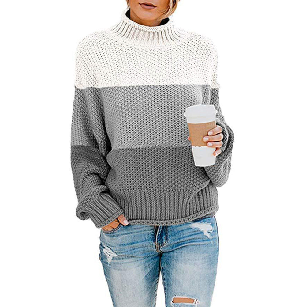 Women chunky knit sweater with stand-up collar, block stripes and oversized fit Fashion Glam