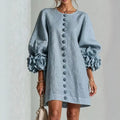 Ladies linen dress in A-line cut with balloon sleeves and 3D flower decoration Fashion Glam