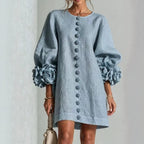 Ladies linen dress in A-line cut with balloon sleeves and 3D flower decoration Fashion Glam